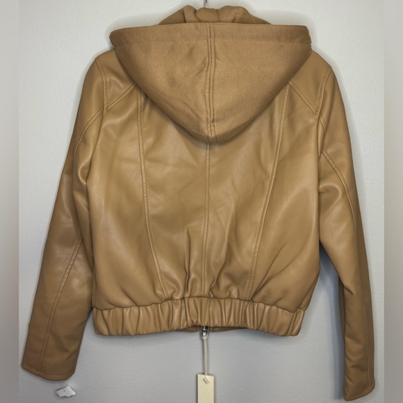 NEW BLANKNYC Women’s Faux Leather Tan Bomber Moto Jacket Removable Hood Size S - Picture 9 of 16